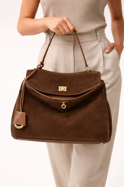 Stor skuldertaske til kvinder i ruskind med struktureret design og rummelig form