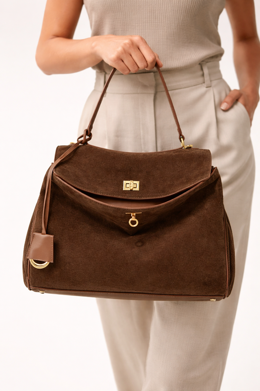 Stor skuldertaske til kvinder i ruskind med struktureret design og rummelig form