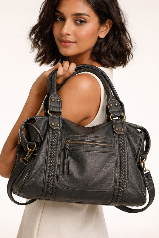 Stor skuldertaske til kvinder med flettede detaljer og rummelig tote-form