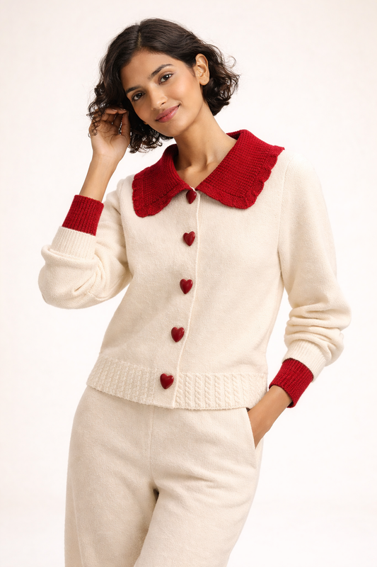 Elegant cardigan med kontrastkrave og knaplukning i klassisk snit til kvinder