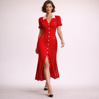 Strikket Kjole til Kvinder | V-hals | Single Breasted | Kort Ærme Chic Dress