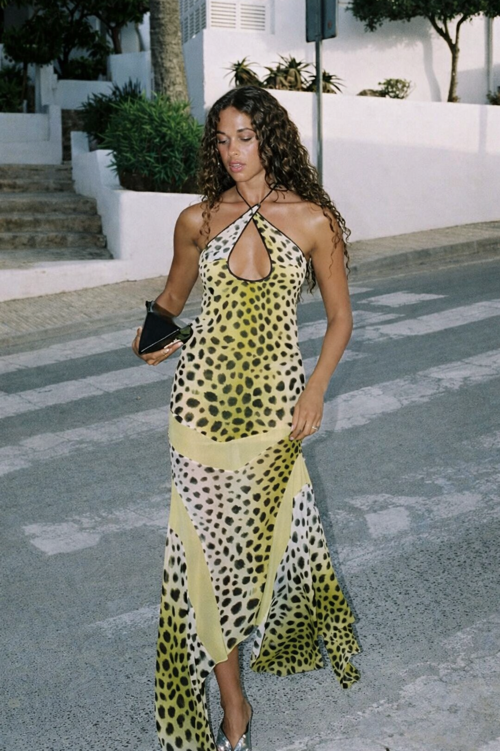 Leopard-Print Halter Kjole | Åben Ryg | Chiffon Patchwork