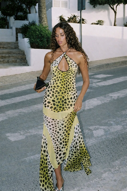 Leopard-Print Halter Kjole | Åben Ryg | Chiffon Patchwork