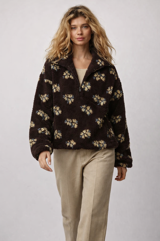Blød sherpa sweatshirt med blomsterstruktur og halv lynlås