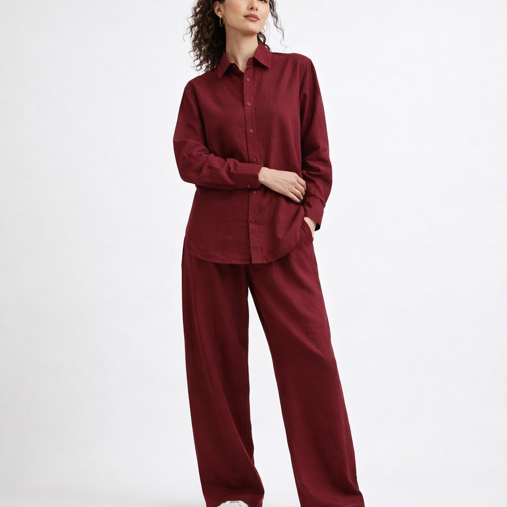 Afslappet todelt sæt i bomuld med skjorte og løstsiddende bukser