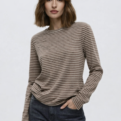 Stribet langærmet bomuldsbluse med rund hals