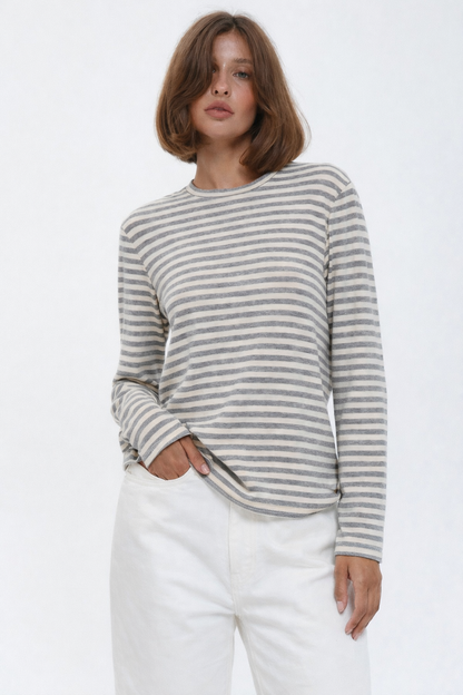 Stribet langærmet bomuldsbluse med rund hals