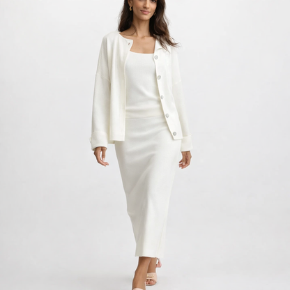 Elegant strikket sæt til kvinder med cardigan, top og nederdel