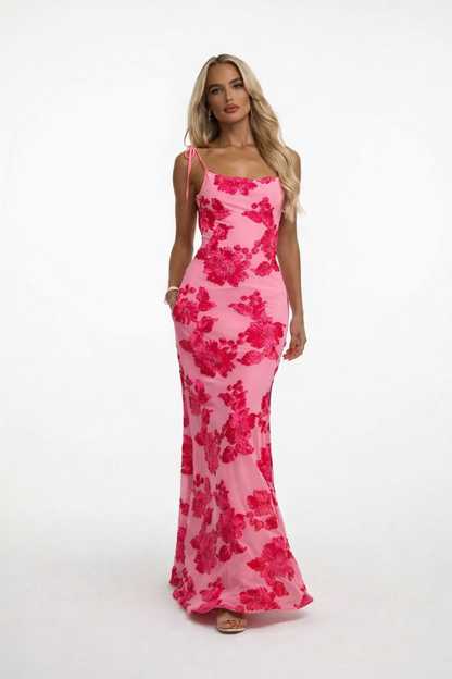 Lang kjole til kvinder | Broderede blomsterdetaljer | Elegant maxikjole med bindestropper