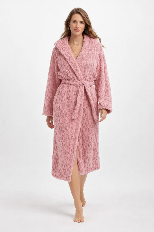 Blød luksus morgenkåbe med hætte og bindebælte