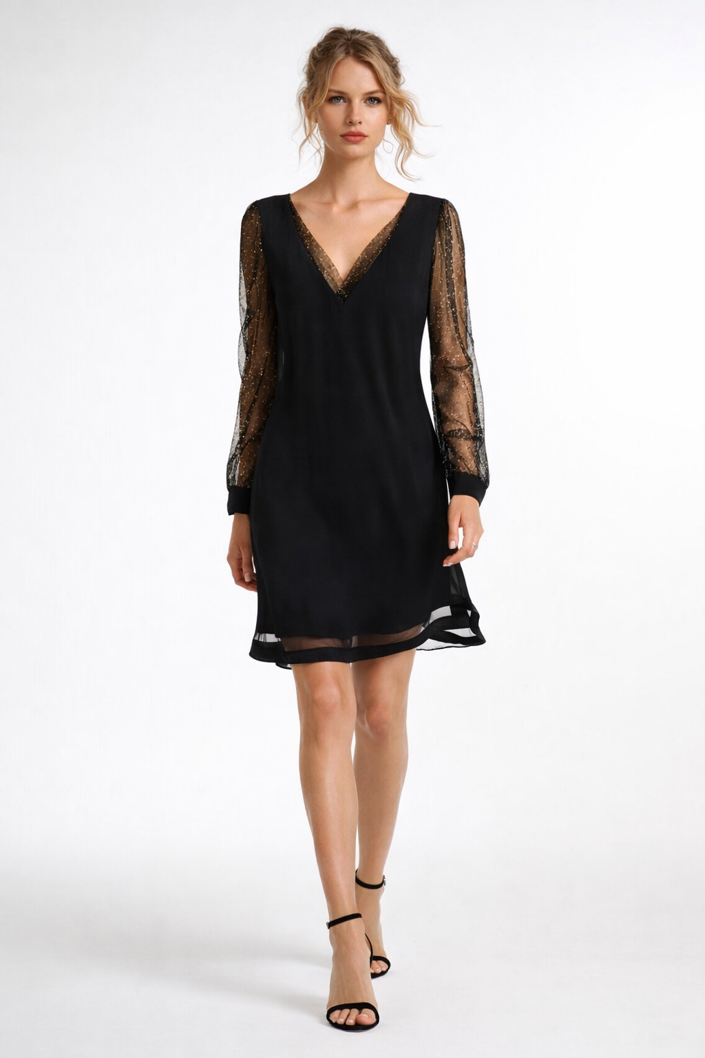 Elegant midikjole med dyb V-udskæring og transparente ærmer