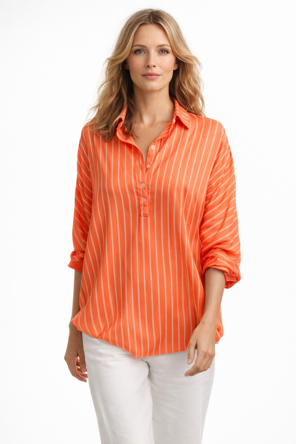 Stribet skjortebluse med V-udskæring og lange ærmer