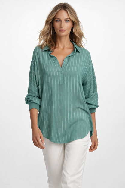 Stribet skjortebluse med V-udskæring og lange ærmer