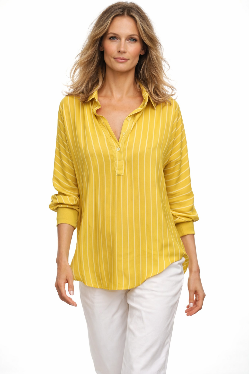 Stribet skjortebluse med V-udskæring og lange ærmer