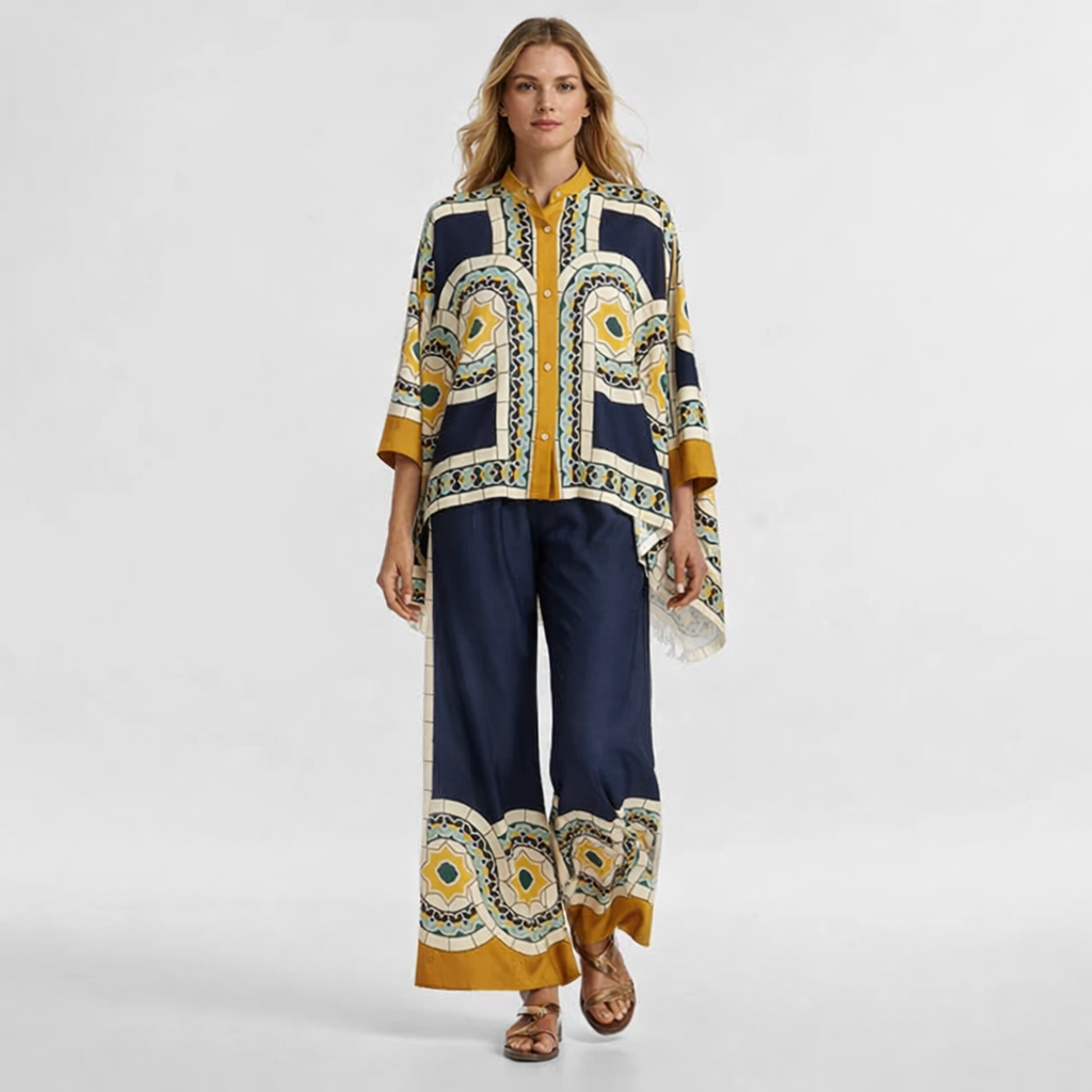 Mønstret todelt sæt til kvinder med oversized top og vide bukser