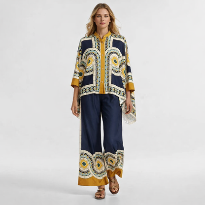 Mønstret todelt sæt til kvinder med oversized top og vide bukser