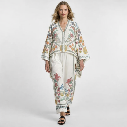 Mønstret todelt sæt til kvinder med oversized top og vide bukser