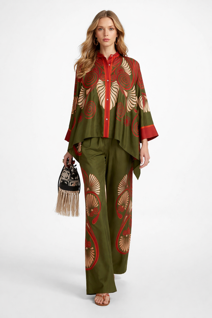 Mønstret todelt sæt til kvinder med oversized top og vide bukser