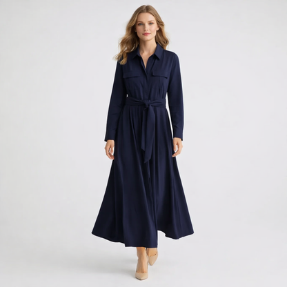 Elegant skjortekjole i midi-længde til kvinder med bindebælte og lange ærmer