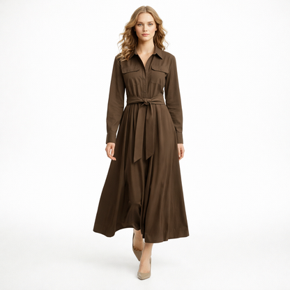 Elegant skjortekjole i midi-længde til kvinder med bindebælte og lange ærmer