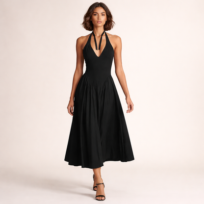Halter midi kjole – Dyb V-udskæring | Åben ryg | Lav talje | A-line skørt | Elegant til events