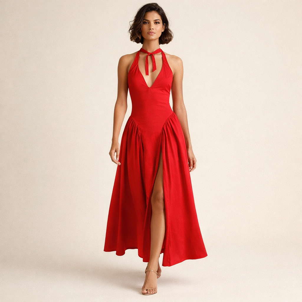 Halter midi kjole – Dyb V-udskæring | Åben ryg | Lav talje | A-line skørt | Elegant til events
