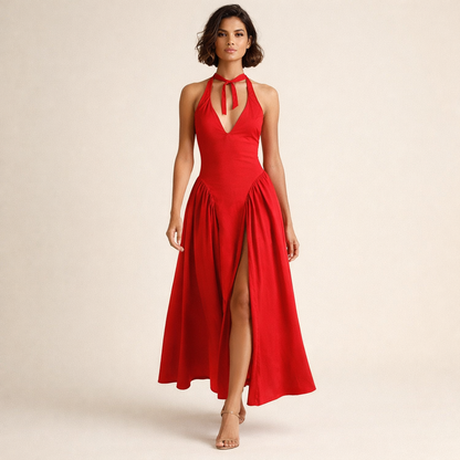 Halter midi kjole – Dyb V-udskæring | Åben ryg | Lav talje | A-line skørt | Elegant til events