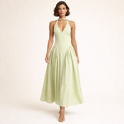 Halter midi kjole – Dyb V-udskæring | Åben ryg | Lav talje | A-line skørt | Elegant til events