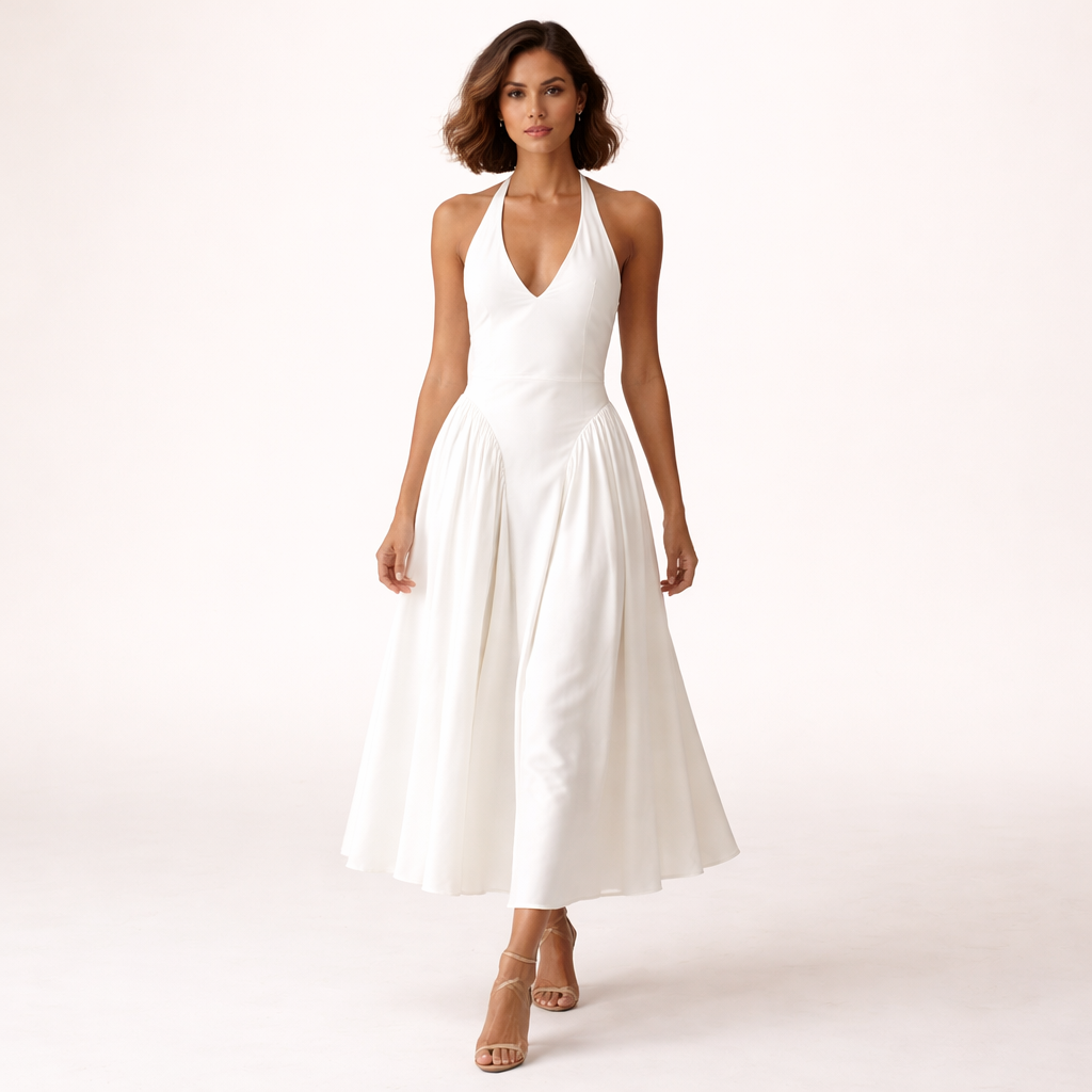Halter midi kjole – Dyb V-udskæring | Åben ryg | Lav talje | A-line skørt | Elegant til events