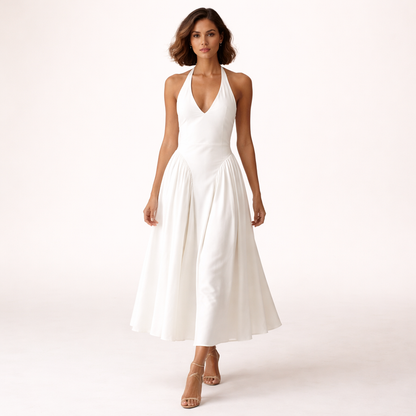 Halter midi kjole – Dyb V-udskæring | Åben ryg | Lav talje | A-line skørt | Elegant til events