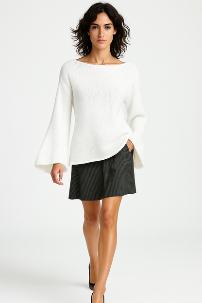 Kvinders striktrøje med trompetærmer | Blød ribstruktur | Feminint design