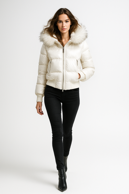 Dame dunjakke med pelskrave | Kort 2-i-1 jakke med aftagelige ærmer