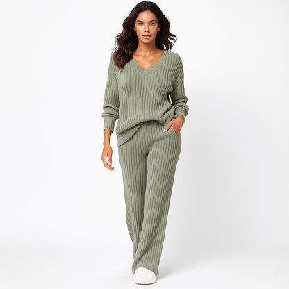 Dame loungewear-sæt | Ribstrikket 2-delt sæt med V-hals og elastisk talje