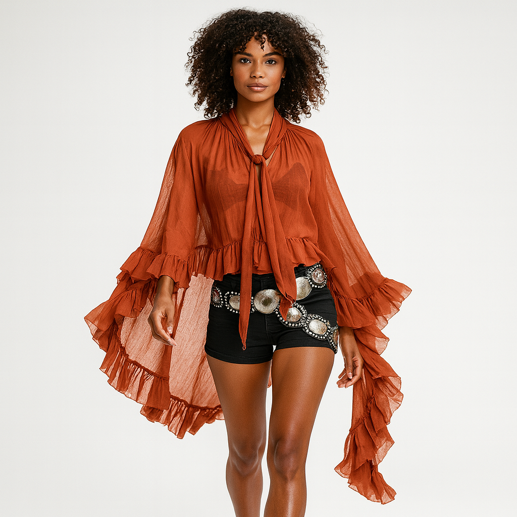 Elegant dameskjorte med flæsekant | Løs pasform | Sløjfedetalje og let transparent look