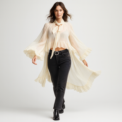 Elegant dameskjorte med flæsekant | Løs pasform | Sløjfedetalje og let transparent look