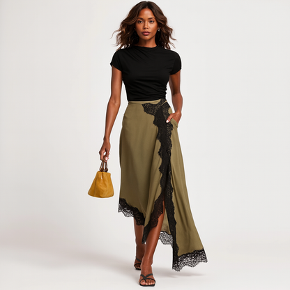 Elegant asymmetrisk slå-om nederdel til kvinder | Blonderkant