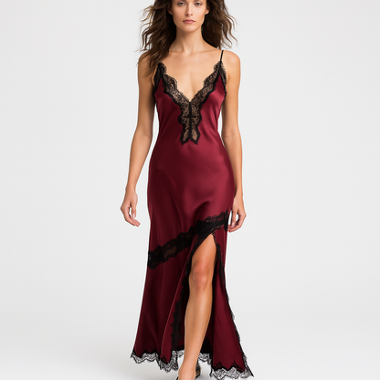 Lang blondekjole til kvinder | V-udskæring | Ærmeløs silhuet og elegant slids