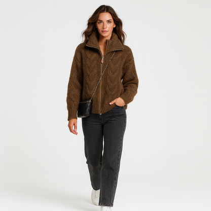 Striktrøje med lynlås og krave til kvinder | Tyk og blød vinterstrik | Afslappet loose fit