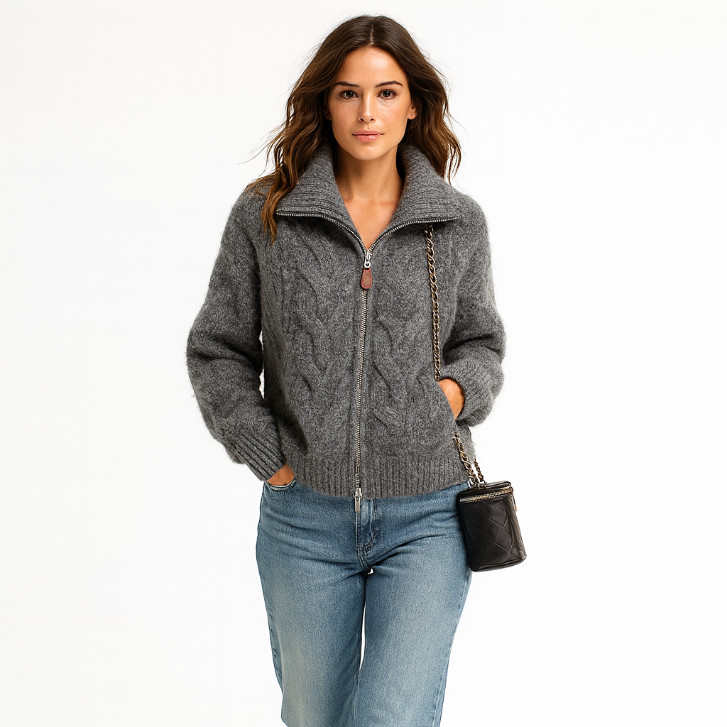 Striktrøje med lynlås og krave til kvinder | Tyk og blød vinterstrik | Afslappet loose fit