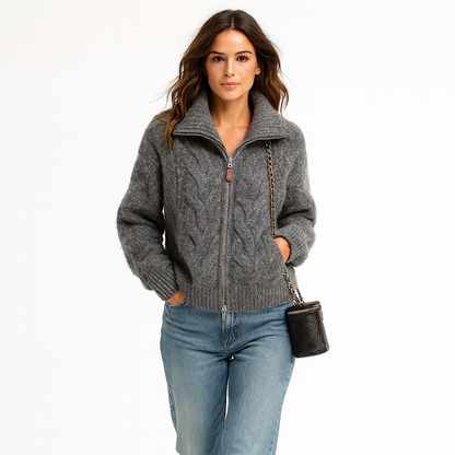 Striktrøje med lynlås og krave til kvinder | Tyk og blød vinterstrik | Afslappet loose fit