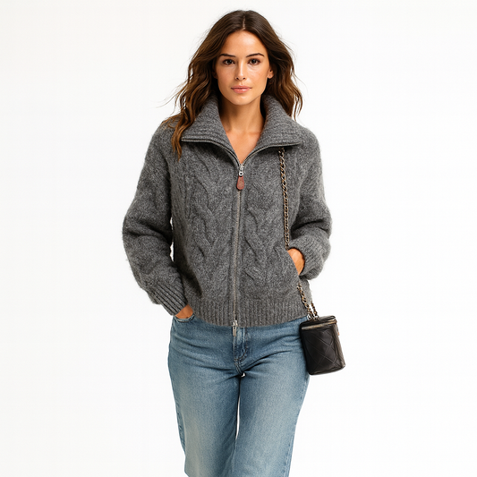 Striktrøje med lynlås og krave til kvinder | Tyk og blød vinterstrik | Afslappet loose fit