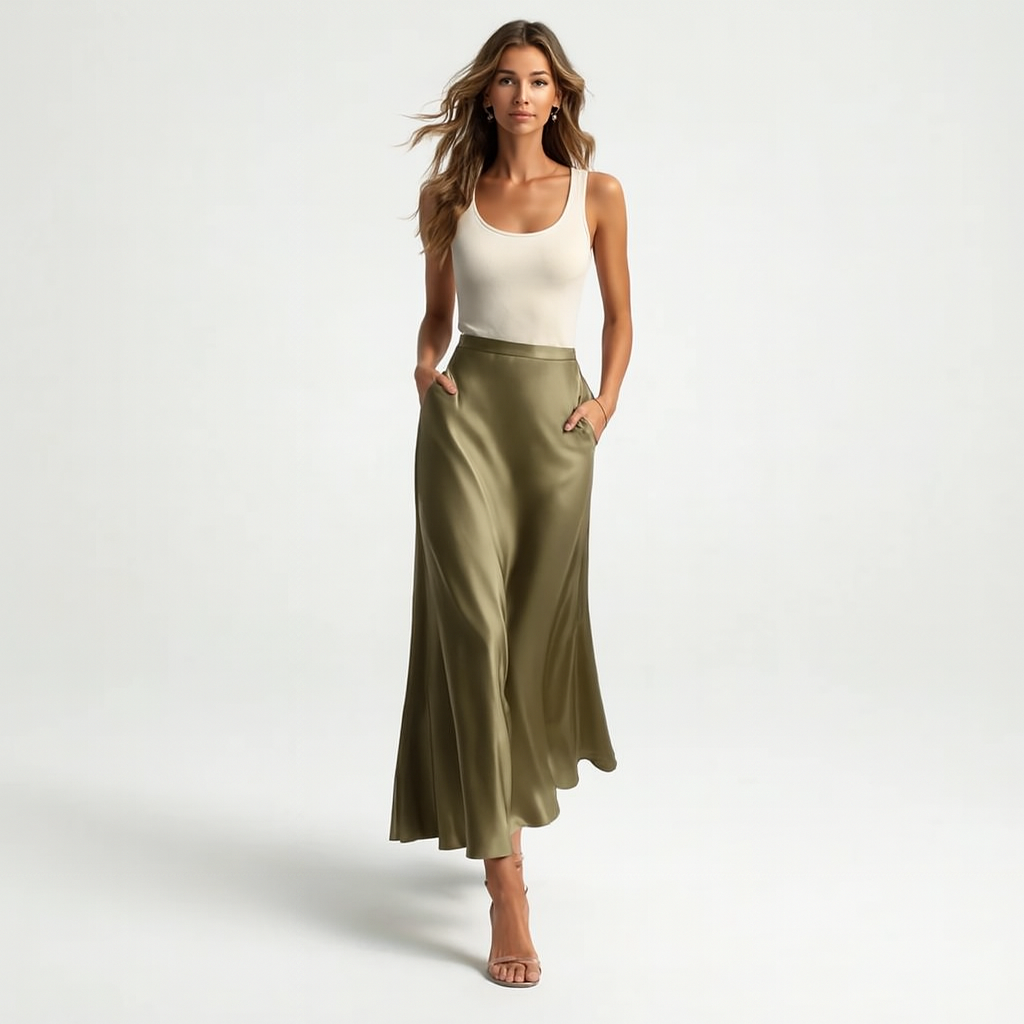 Elegant satinnederdel til kvinder | Højtaljet midi/maxi nederdel