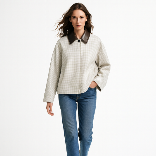 Kvinders kort jakke | Ternet design | Dekorativ krave & moderne pasform