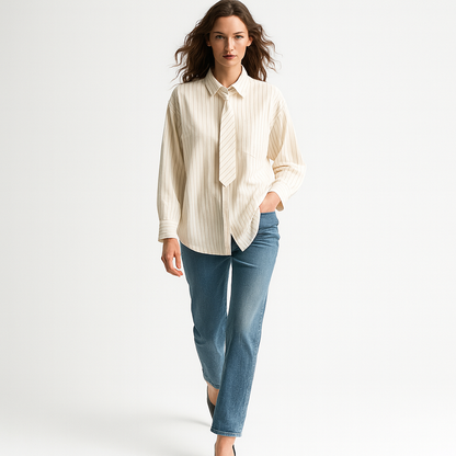 Kvinders skjorte | Stribet design | Løst snit & dekorativ slipse-detalje