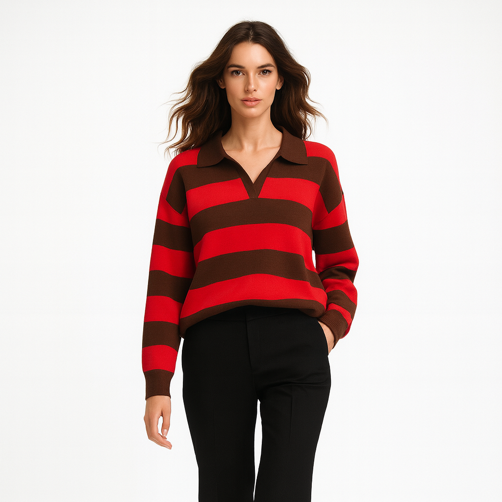 Kvinders striktrøje | Stribet design | Løst snit & polo-krave