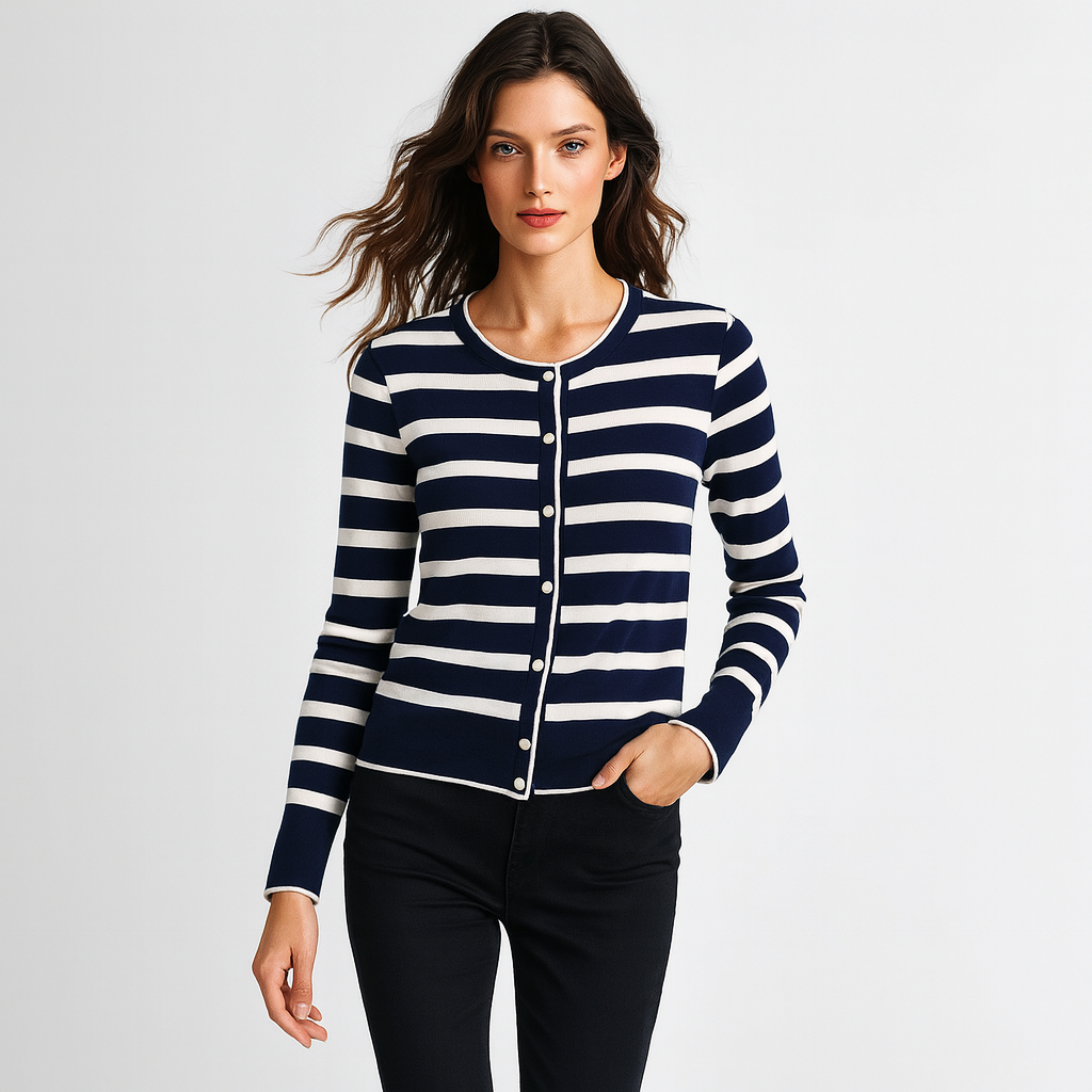 Kvinders strikket cardigan | Stribet design | Let kvalitet & feminin pasform