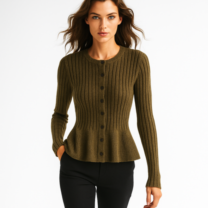 Kvinders strikket cardigan | Ribbet design | Figurskabende pasform & peplum-effekt