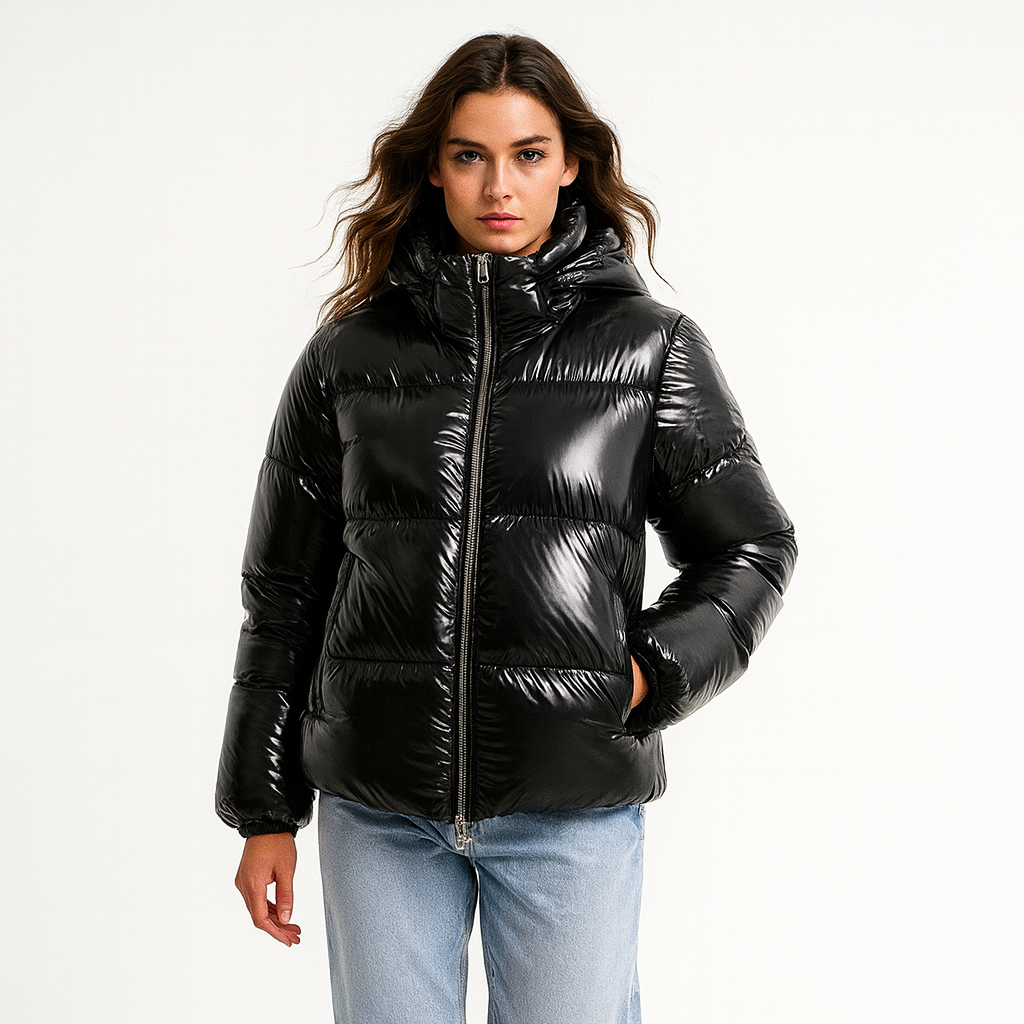 Vatteret jakke med glansfuld finish og praktisk hætte