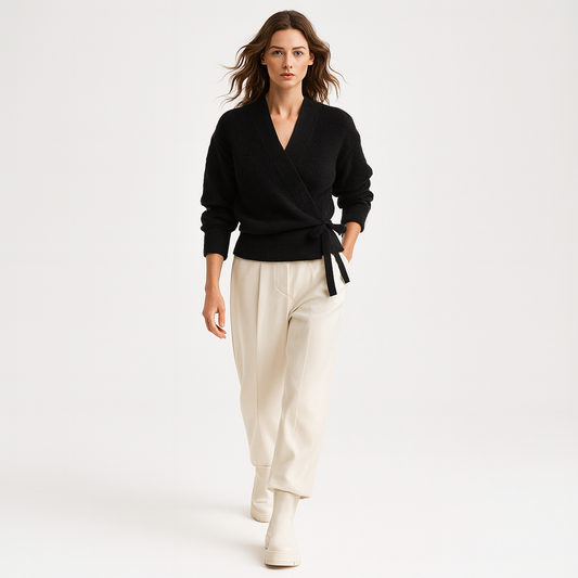 Elegant ribstrikket wrap-cardigan med bindebånd