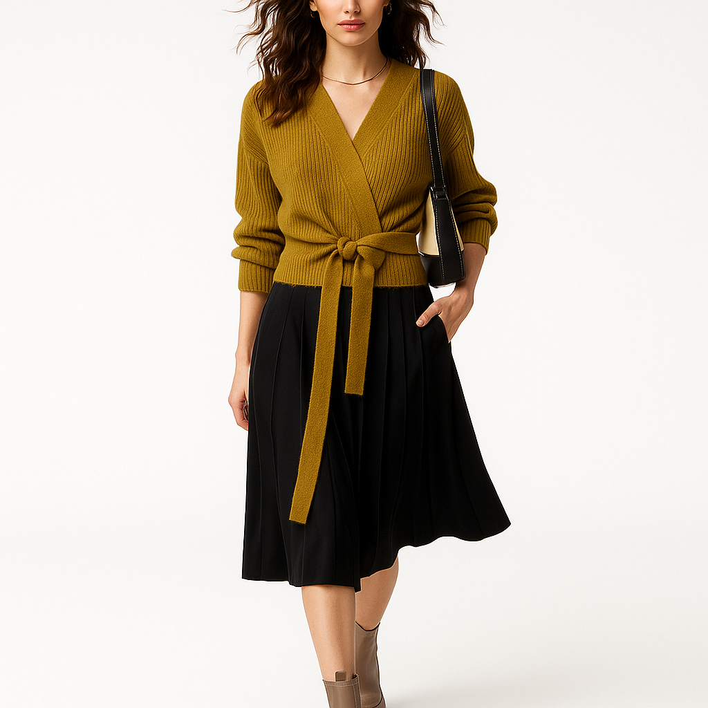 Elegant ribstrikket wrap-cardigan med bindebånd